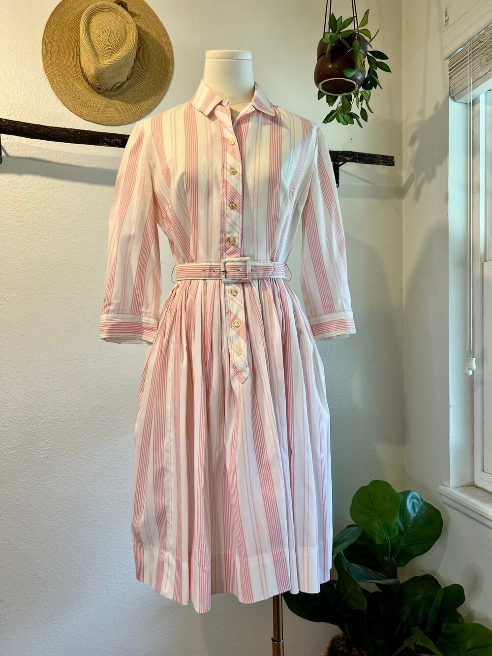 Vintage 1960s Pink Striped Belted Button Front Fit & Flare Midi Dress Size XS